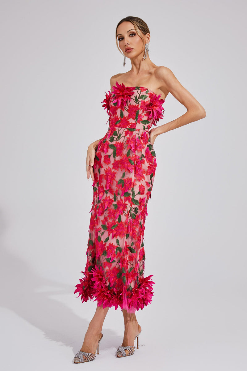 Chasity 3D Flower Embroidery Strapless Midi Dress In Rose Red