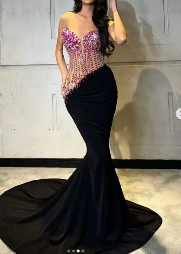 Roger Strapless Crystal Corset Maxi Velvet Dress In Hot Pink Black