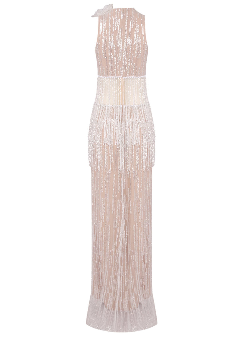 Tatyanah Crystal Tassel Maxi Dress In Nude