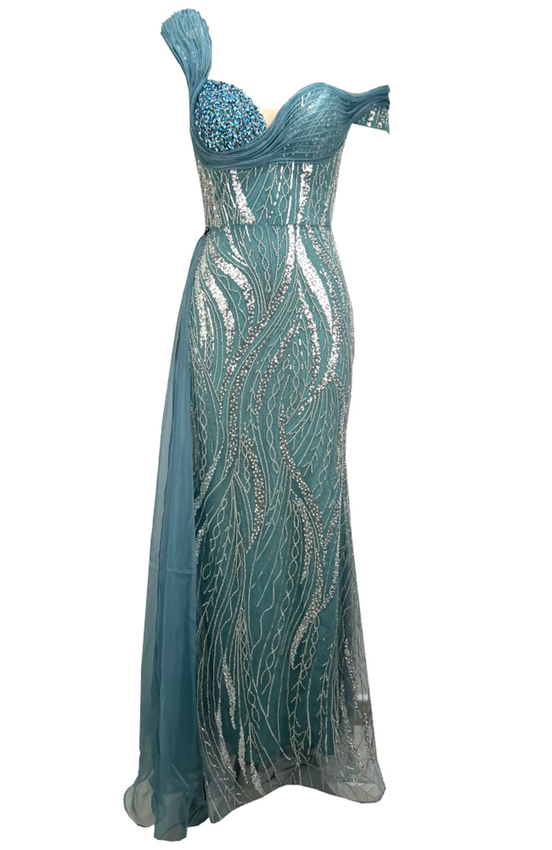 Ahulani Bardot Crystal Bustier Sequin Maxi Dress In Green