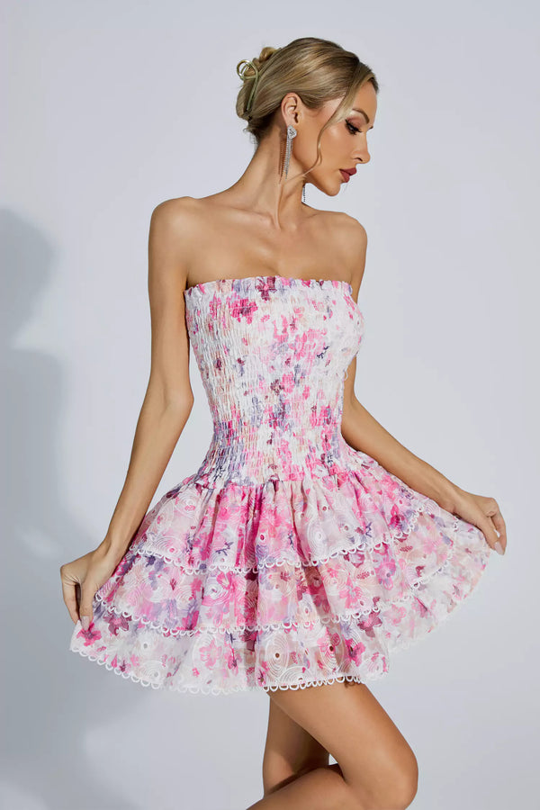Fritia Floral Ruched Strapless Mini Dress In Pink