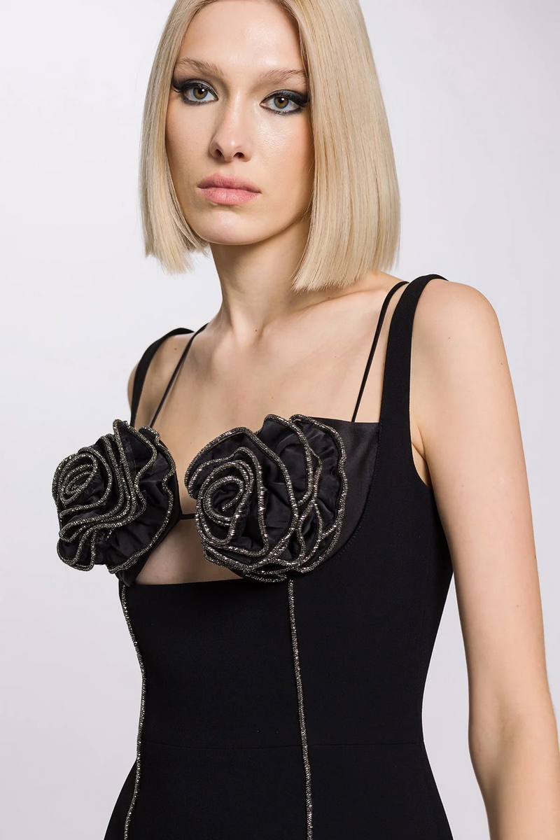 Luai Trim Floral Bustier Midi Dress In Black