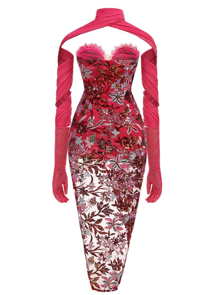 Myziak Strapless Floral Split Midi Dress In Red