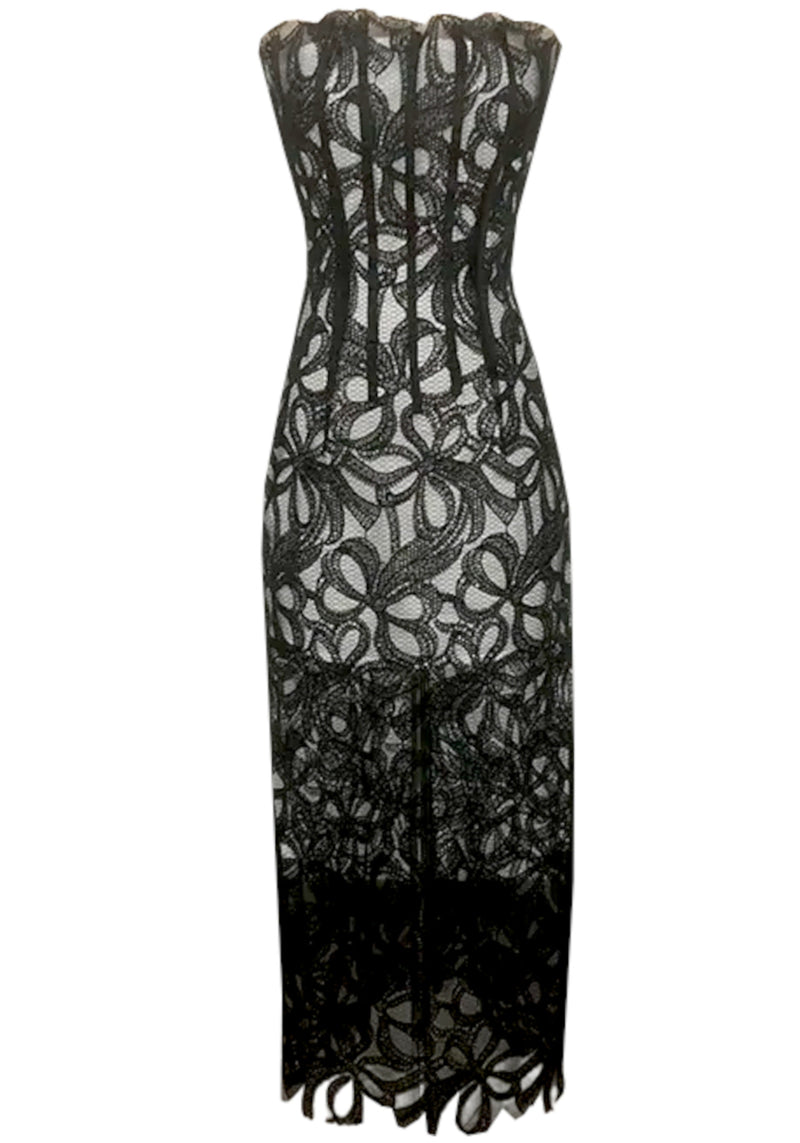 Avena Strapless Floral Corset Midi Dress In Black