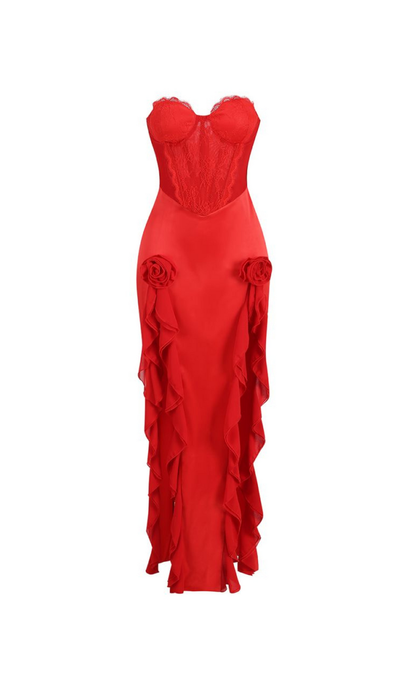 Evelyn Satin Lace Corset Maxi Dress In Red