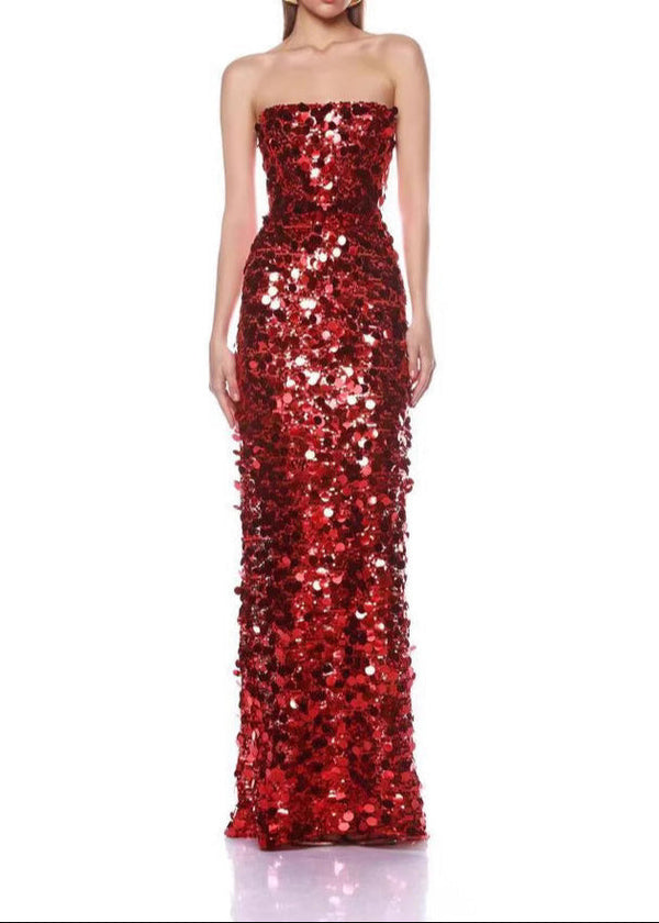 Didina Strapless Sequin Maxi Dress In Red
