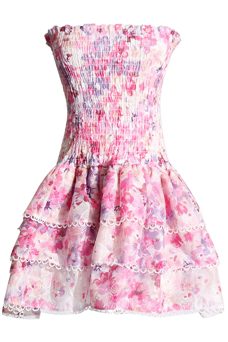 Fritia Floral Ruched Strapless Mini Dress In Pink