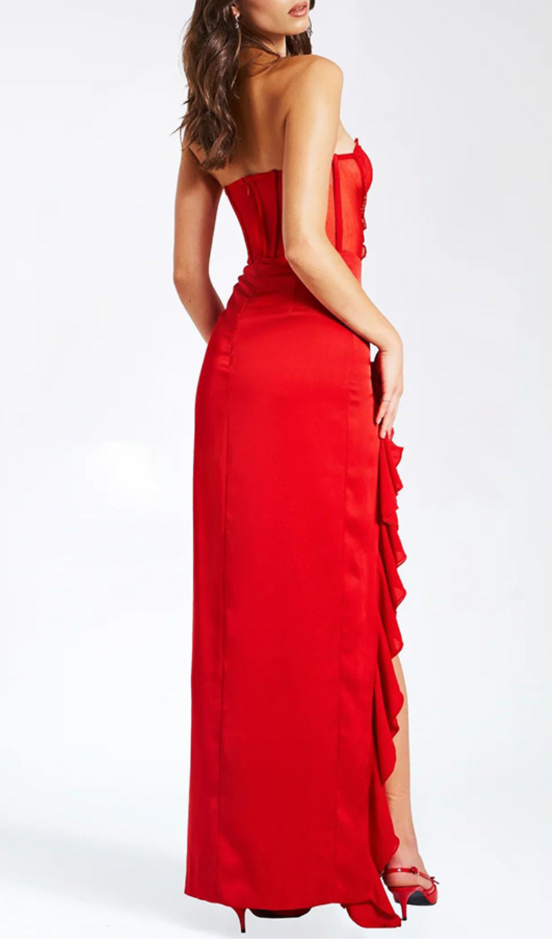 Evelyn Satin Lace Corset Maxi Dress In Red