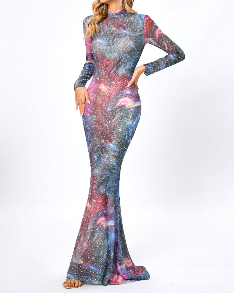 Lyn Long Sleeve Studded Maxi Dress In Galaxy