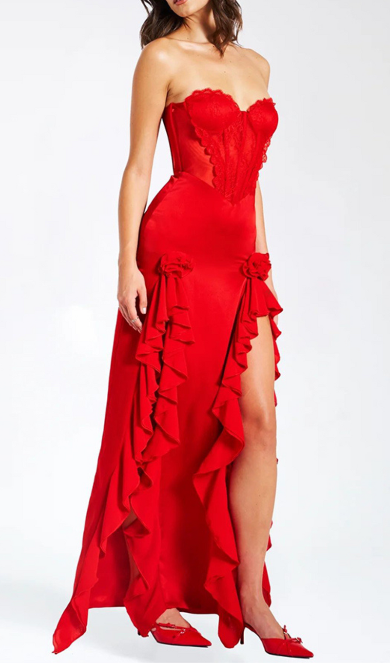 Evelyn Satin Lace Corset Maxi Dress In Red