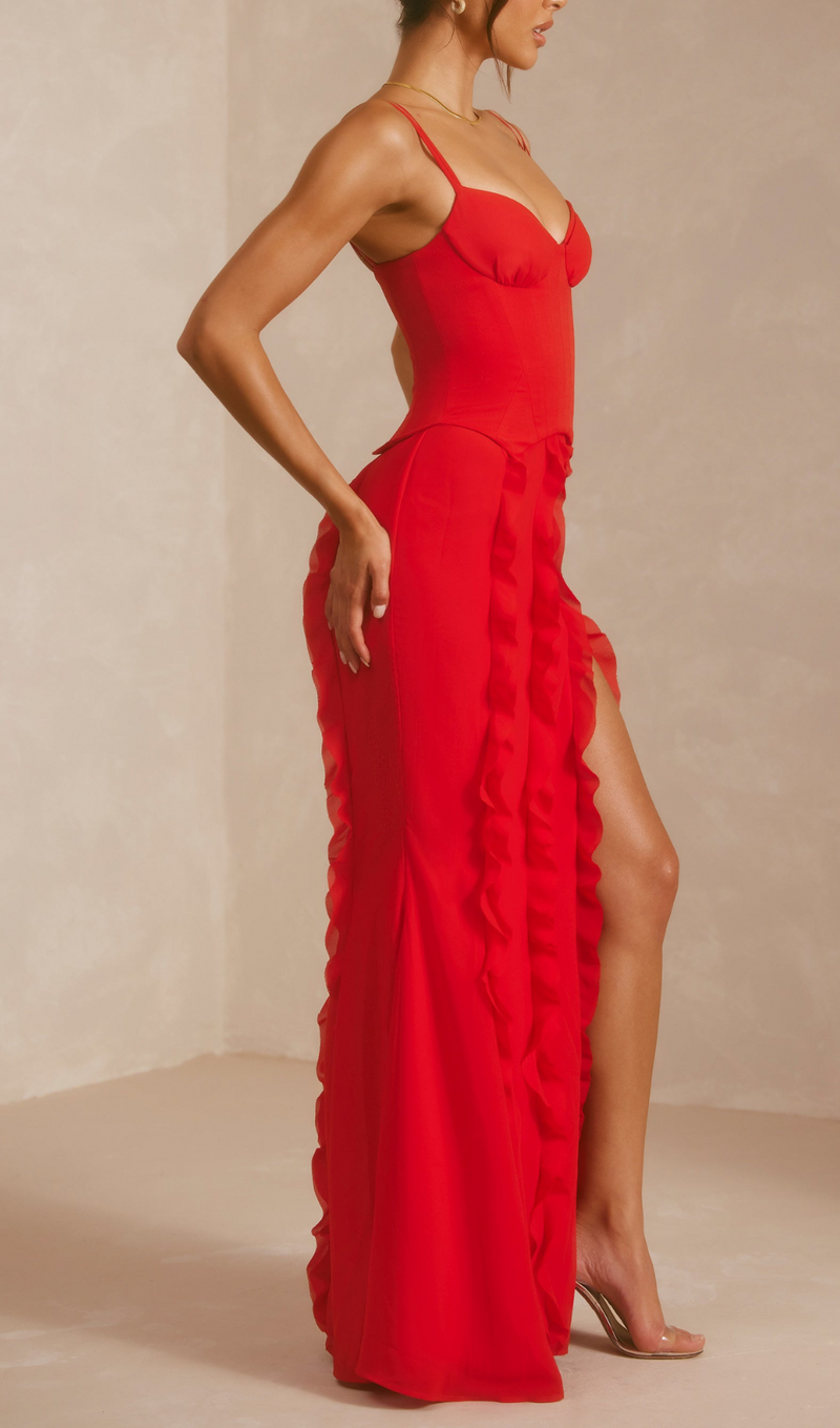 Serge Corset Frill Skirt Maxi Dress In Red