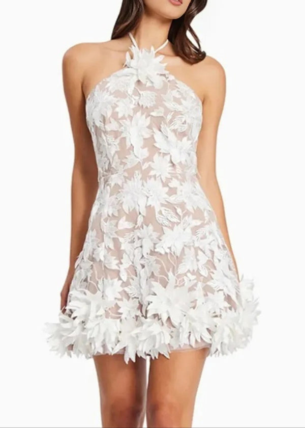 Raziya Halter Floral Embroidered Mini Dress In White