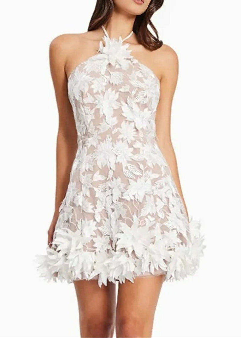 Raziya Halter Floral Embroidered Mini Dress In White