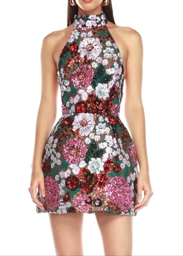 Reia Halter Sequin Floral Mini Dress