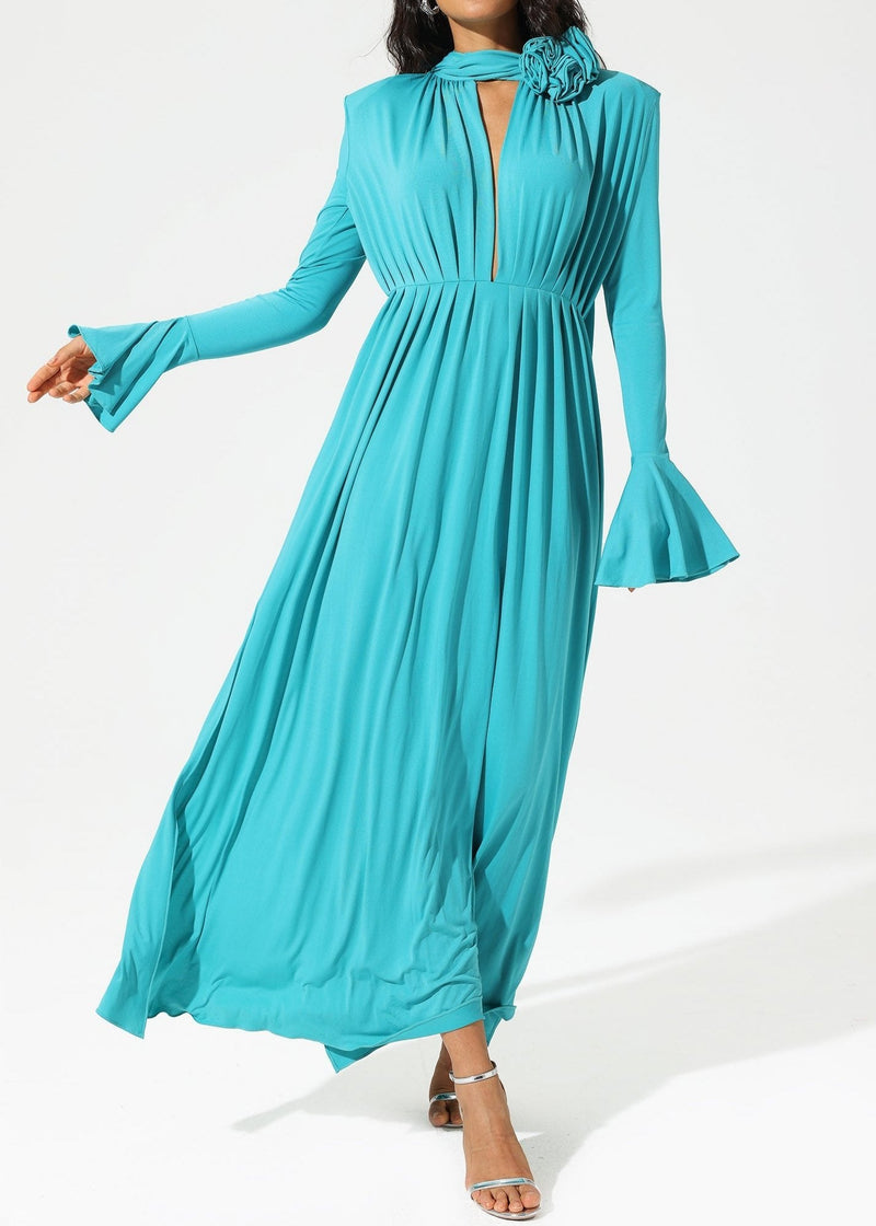 Abelia Lantern Sleeve High Collar Flower Slit Midi Dress In Blue