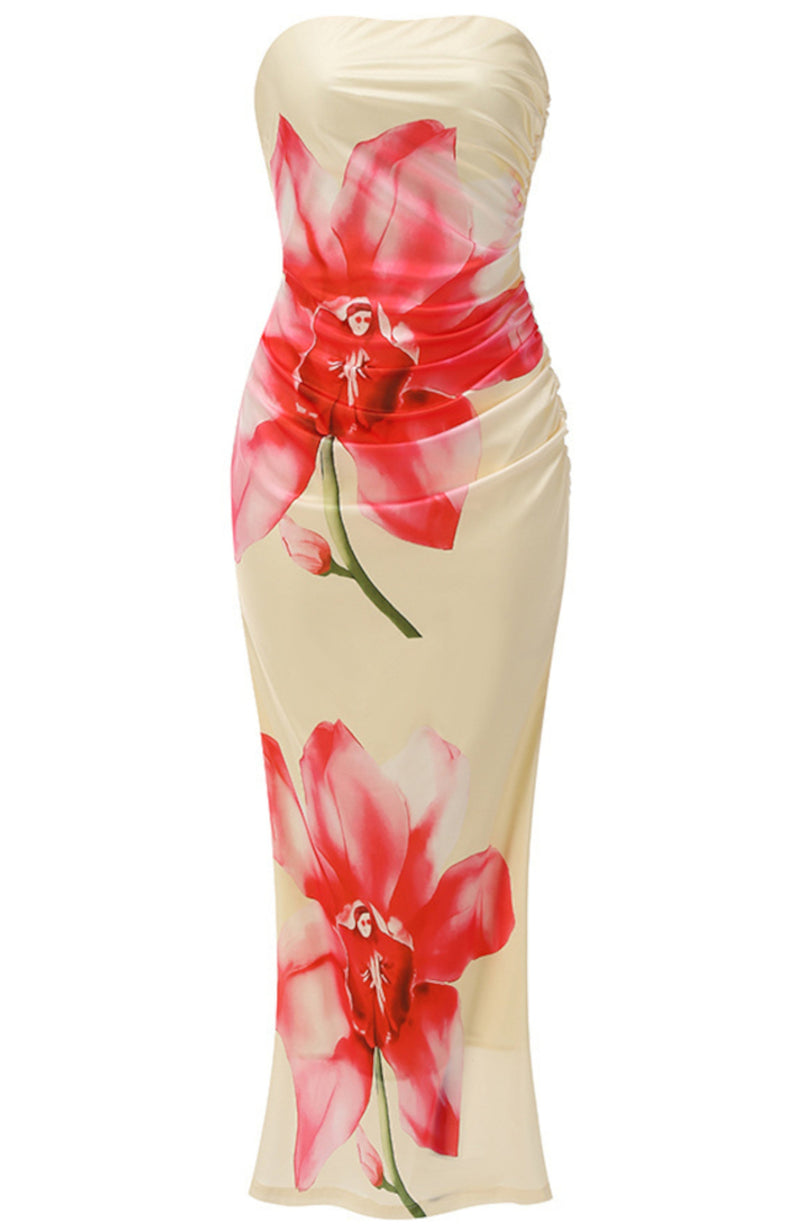 Oxion Strapless Floral Maxi Dress In Yellow