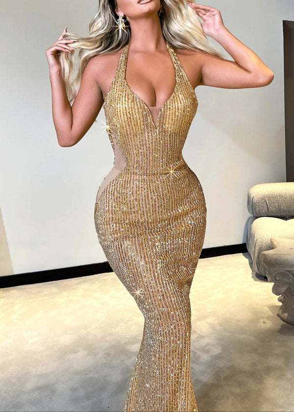 Hyrth Halter Sequin Maxi Dress In Gold