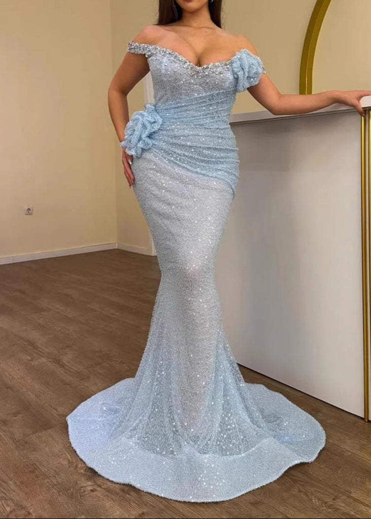 Daxara Crystal Floral Sequin Maxi Dress In Light Blue