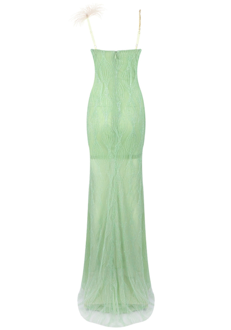 Jaslene Feather Detail Maxi Dress Green In Gold