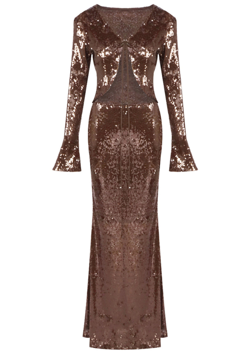Damla Long Sleeve Sequin Two Piece Maxi Dress In Brown