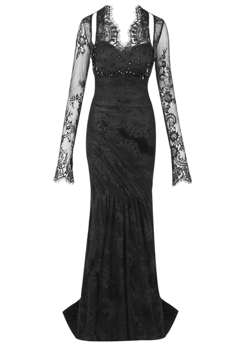 Janya Long Sleeve Halter Sequin Lace Maxi Dress In Black
