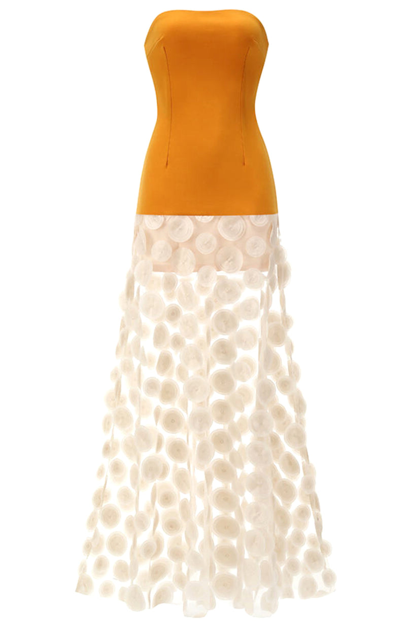 Benicio Strapless A Line Maxi Dress In Mustard Ivory