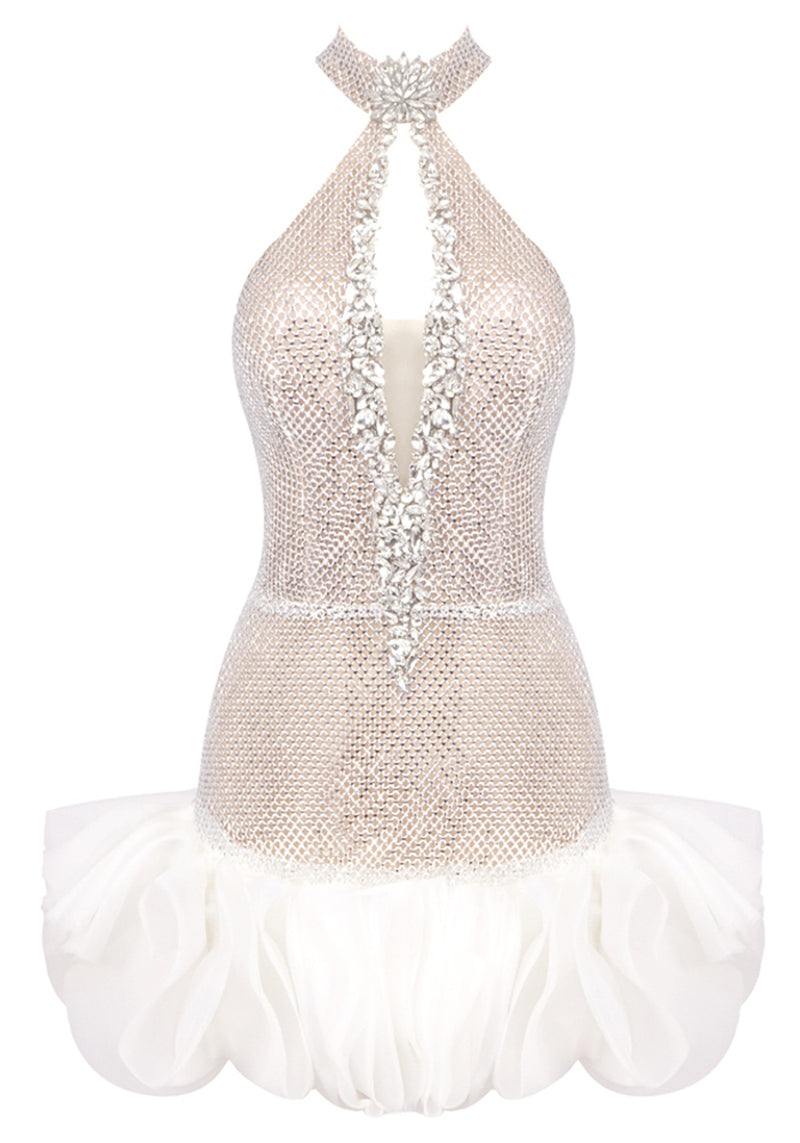 Delgado Halter Crystal Ruffle Mini Dress In White