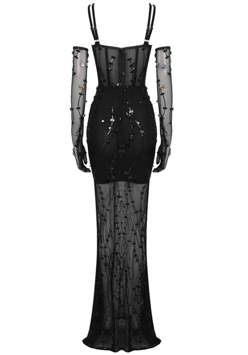 Jyrthos Crystal Sequin Bustier Maxi Dress In Black