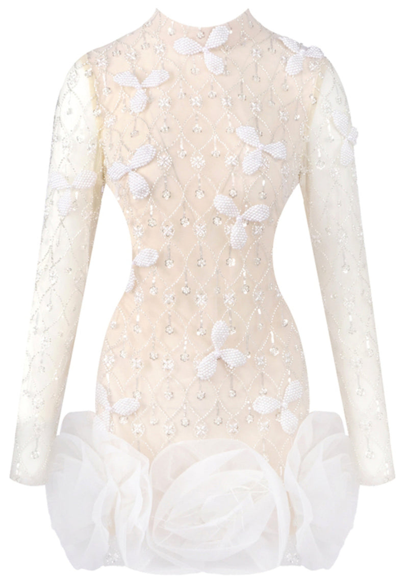 Perssis Long Sleeve Crystal Floral Detail Mini Dress In White