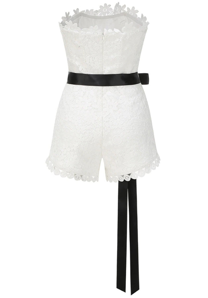 Leyati Strapless Floral Crochet Romper In White