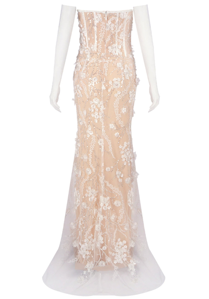 Reviancy Strapless Floral Lace Sequin Maxi Dress In White
