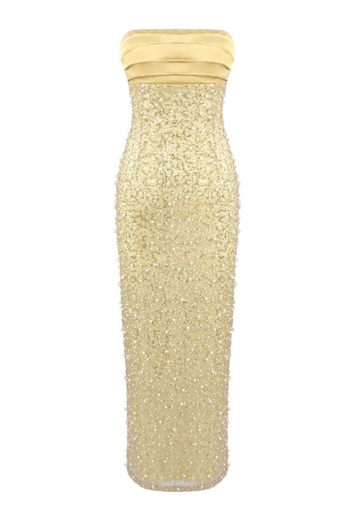 Larisa Satin Sequin Pearls Beaded Maxi Dress In Gold