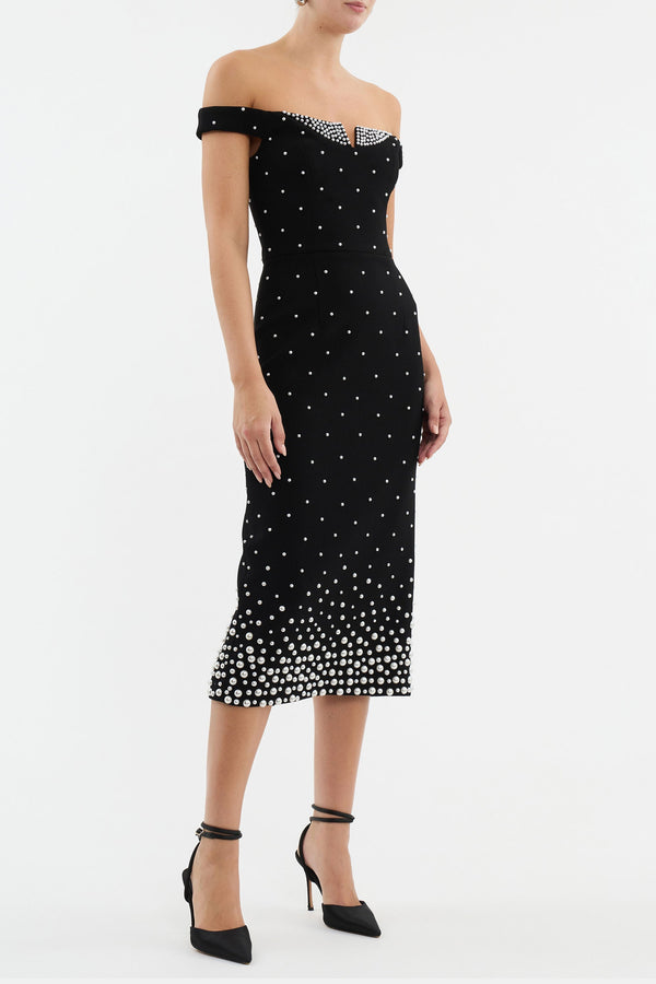 Nketiah Pearl Polka Dots Embellished Midi Dress In Black