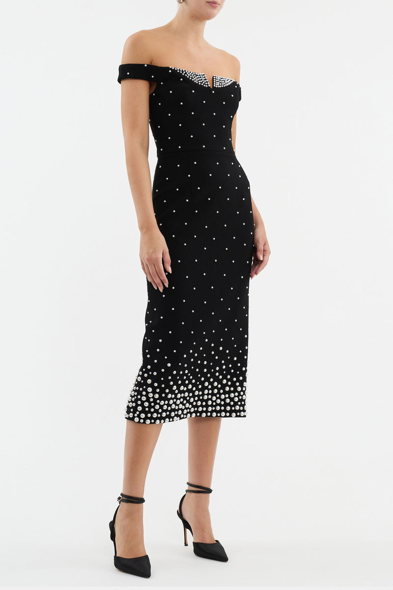 Nketiah Pearl Polka Dots Embellished Midi Dress In Black