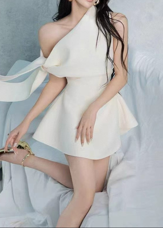 Zyxaris Asymmetric One Shoulder Flare Mini Dress In White