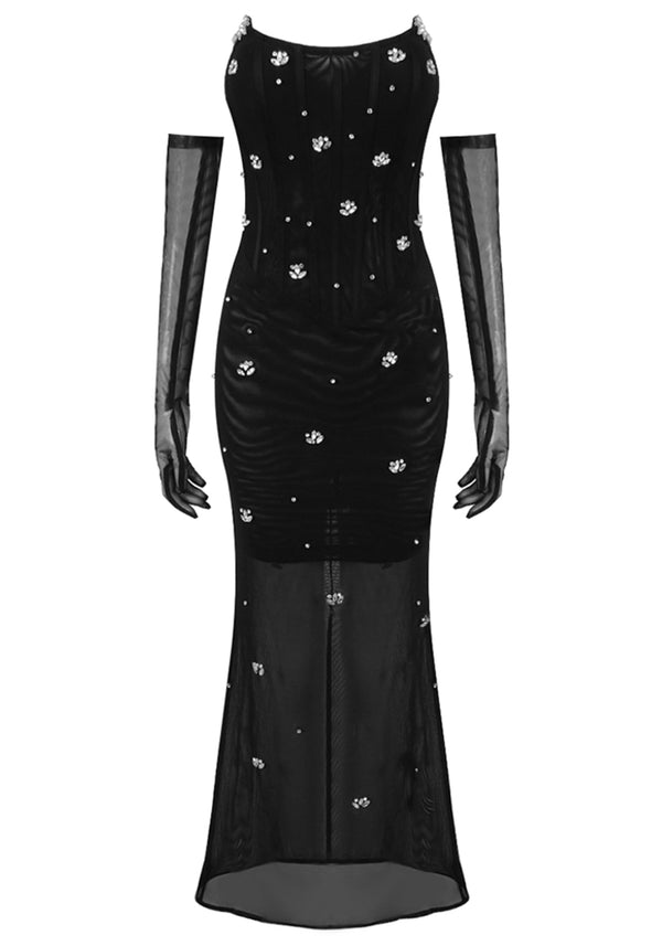 Abihail Strapless Crystal Corset Maxi Dress In Black