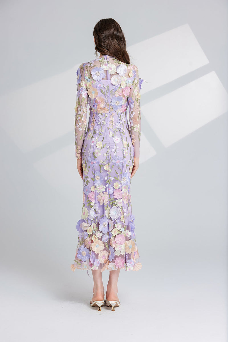 Thalvix Floral Embroidery Mesh Long Sleeve Midi Dress In Purple