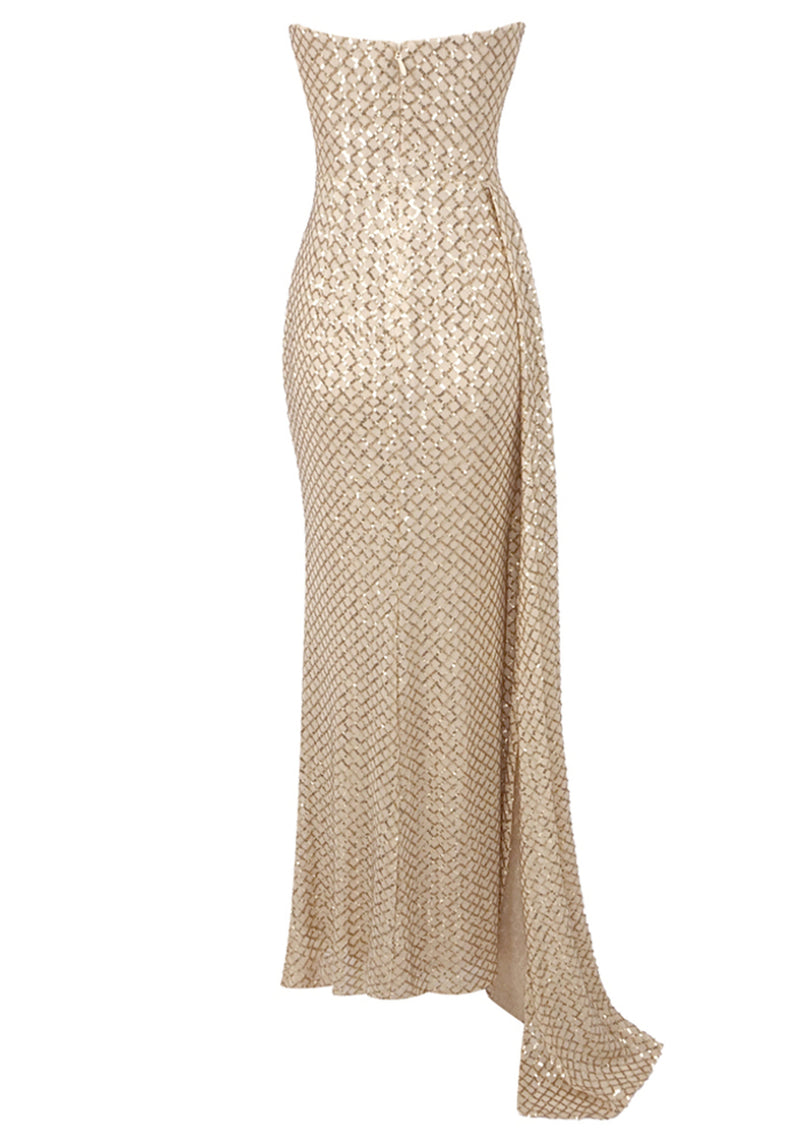 Mistey Strapless Sequin Draped Maxi Dress In Gold