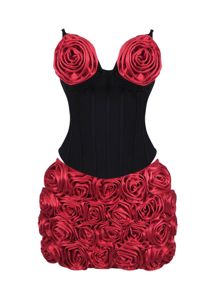Choncey Strapless Floral Two Piece Corset Dress In Black Red