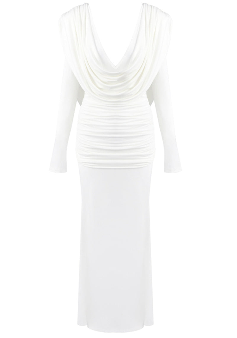Sagebrush Long Sleeve Draped Backless Maxi Dress In White