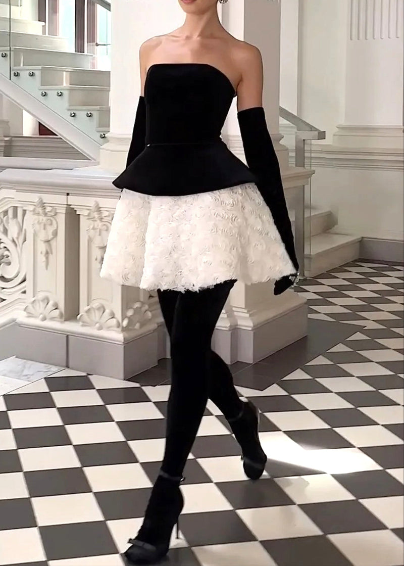 Renaud Strapless Corset Floral A Line Velvet Mini Dress In Black White