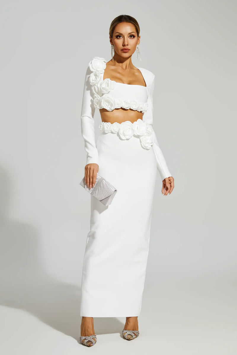 Dellis Flower Bandage Skirt Set In White