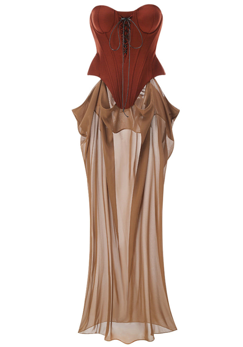 Althorin Strapless Corset Draped Maxi Dress In Brown