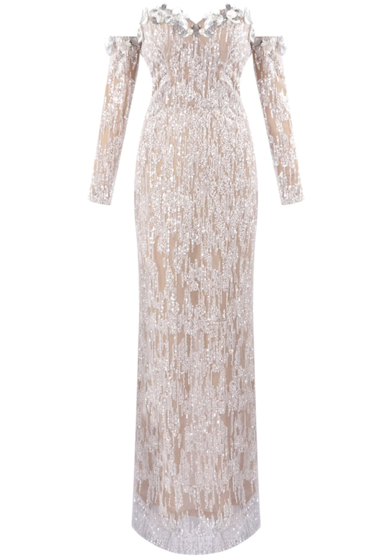 Corvain Long Sleeve Bardot Maxi Dress In Nude