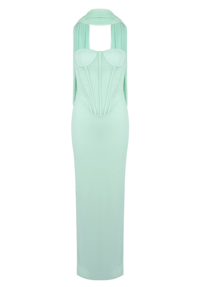 Saelvyn Halter Mesh Maxi Dress In Light Green