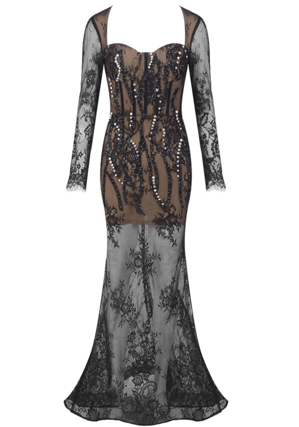 Rendor Long Sleeve Crystal Lace Maxi Dress In Black