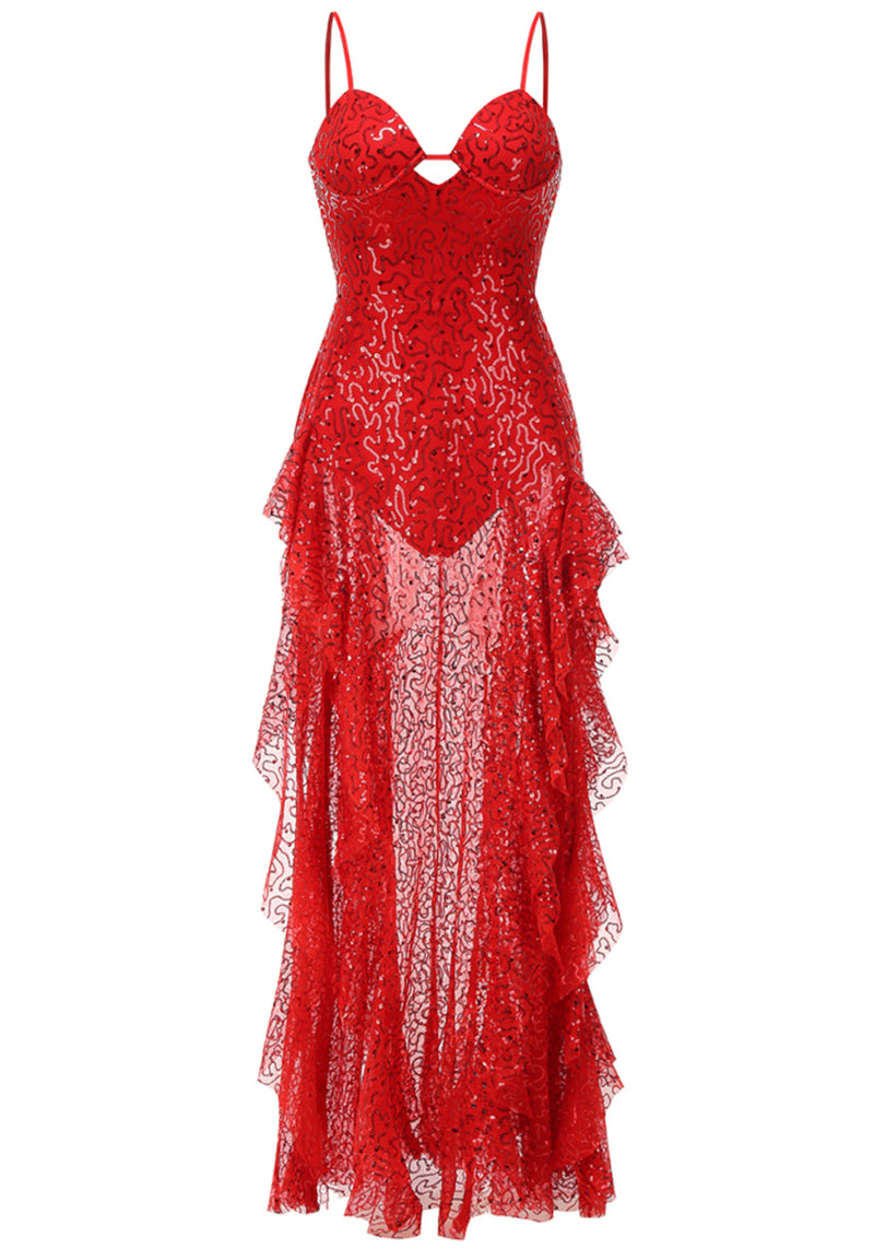 Baelarae Bustier Sequin Ruffle Maxi Dress In Red