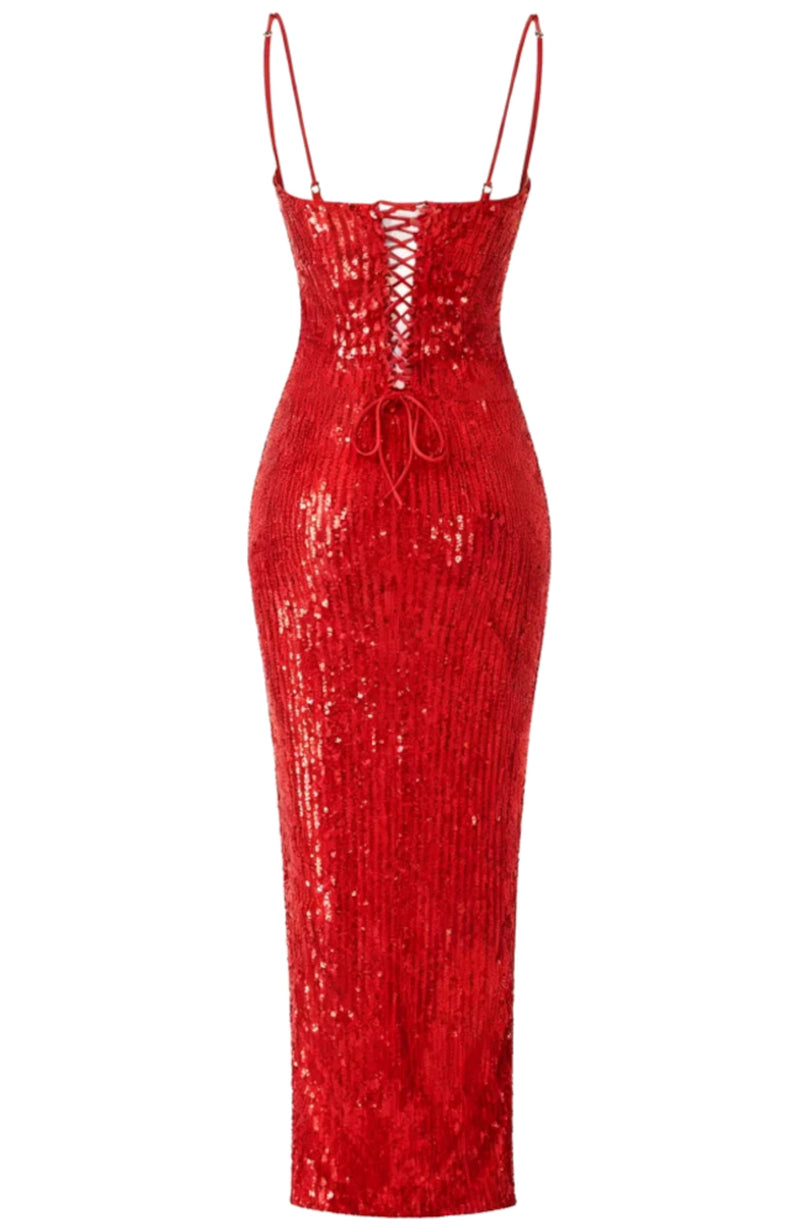 Raldris Sequin Draped Corset Maxi Dress In Red