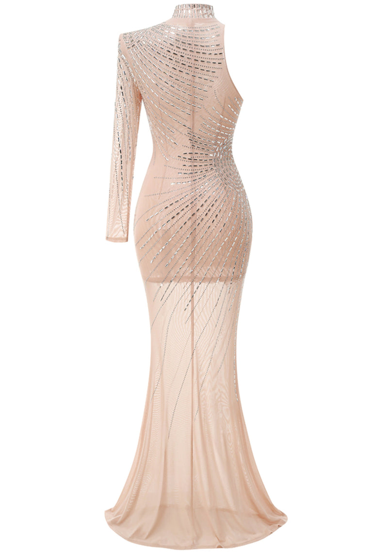 Harini One Sleeve Embellished Mesh Maxi Dress In Nude
