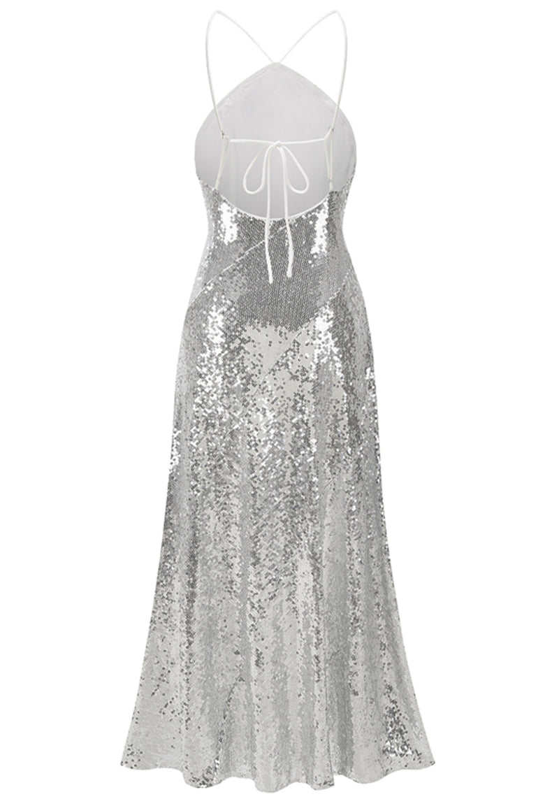 Pandeia Halter Ruffle Detail Sequin Maxi Dress In Silver